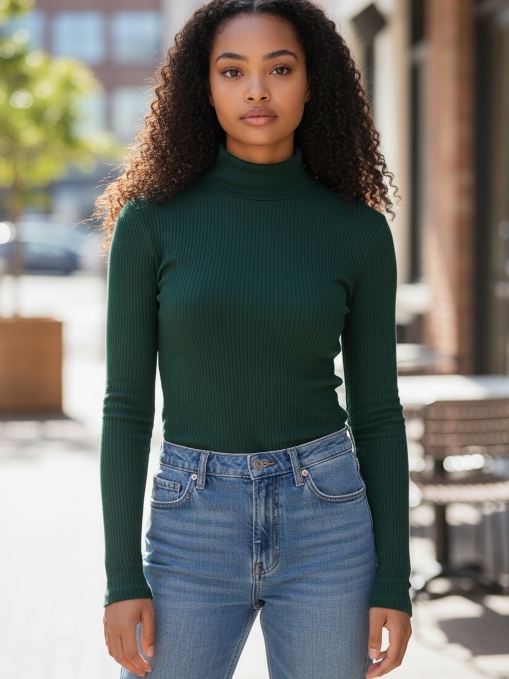 Faherty Women's Dark Green Ribbed Turtleneck Top long sleeve lightweight. Size S